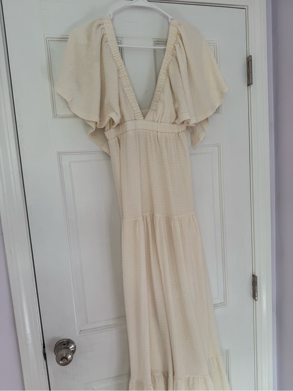 Women's Cream V-Neck Flutter Sleeve Maxi Dress